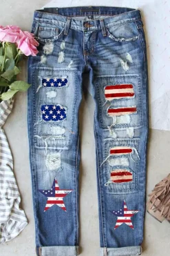 New Dear-Lover  American Flag Patched Distressed Jeans Sky Blue