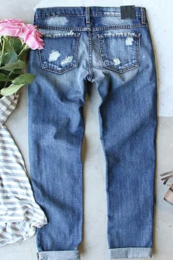 New Dear-Lover  American Flag Patched Distressed Jeans Sky Blue