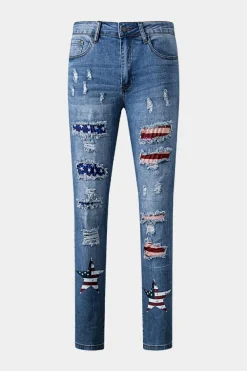 New Dear-Lover  American Flag Patched Distressed Jeans Sky Blue