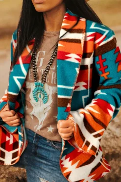Online Dear-Lover Aztec Printed Lapel Bell Sleeve Jacket Sky Blue