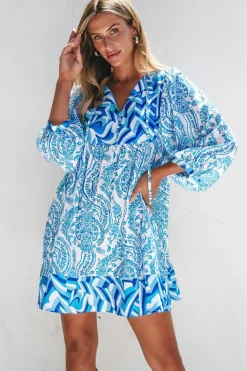 Best Dear-Lover Bohemian Print Puff Sleeve Tied V Neck Flared Mini Dress Sky Blue