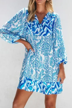 Best Dear-Lover Bohemian Print Puff Sleeve Tied V Neck Flared Mini Dress Sky Blue
