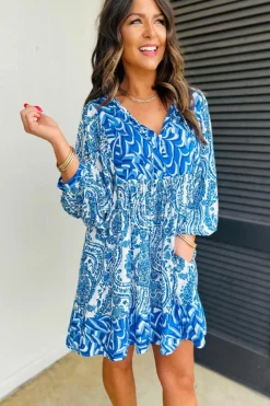 Best Dear-Lover Bohemian Print Puff Sleeve Tied V Neck Flared Mini Dress Sky Blue