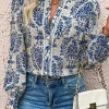 Online Dear-Lover Bohemian Printed Bishop Sleeve Lace Shirt Sky Blue