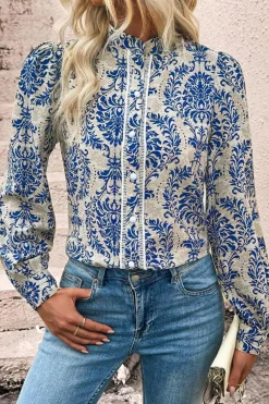Online Dear-Lover Bohemian Printed Bishop Sleeve Lace Shirt Sky Blue