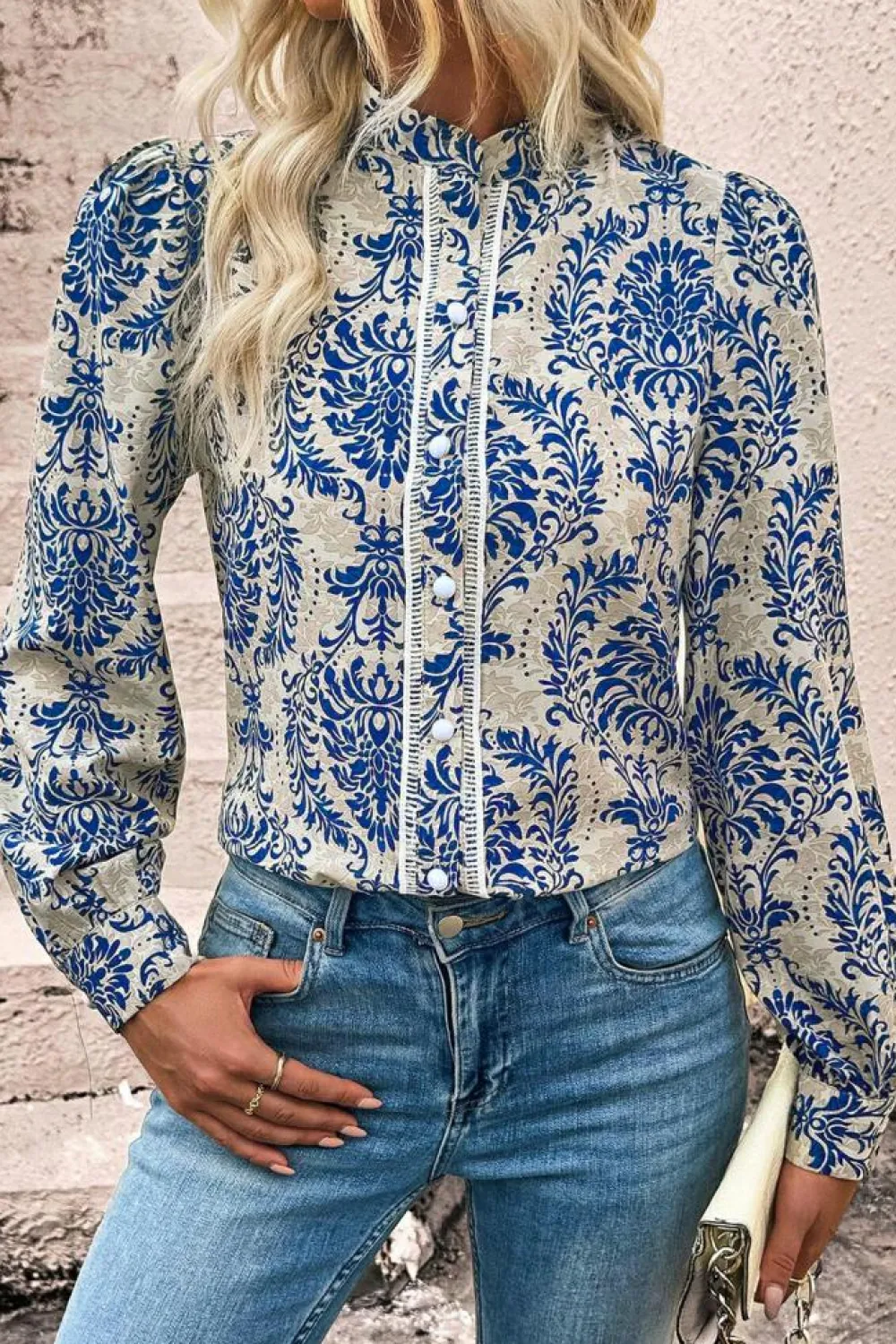 Online Dear-Lover Bohemian Printed Bishop Sleeve Lace Shirt Sky Blue