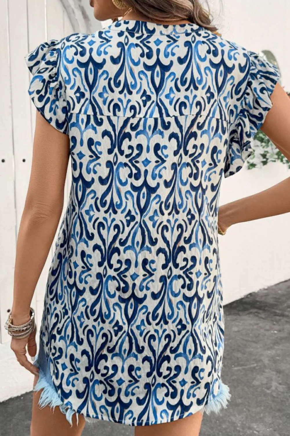 Hot Dear-Lover Boho Abstract Print Pintuck Detail Ruffled Top Sky Blue