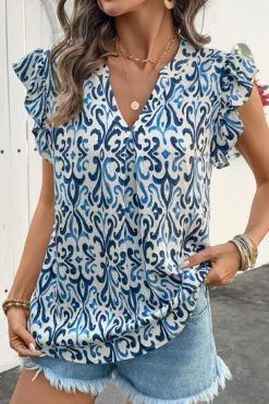 Hot Dear-Lover Boho Abstract Print Pintuck Detail Ruffled Top Sky Blue