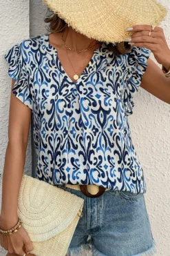 Hot Dear-Lover Boho Abstract Print Pintuck Detail Ruffled Top Sky Blue