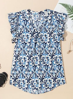 Hot Dear-Lover Boho Abstract Print Pintuck Detail Ruffled Top Sky Blue