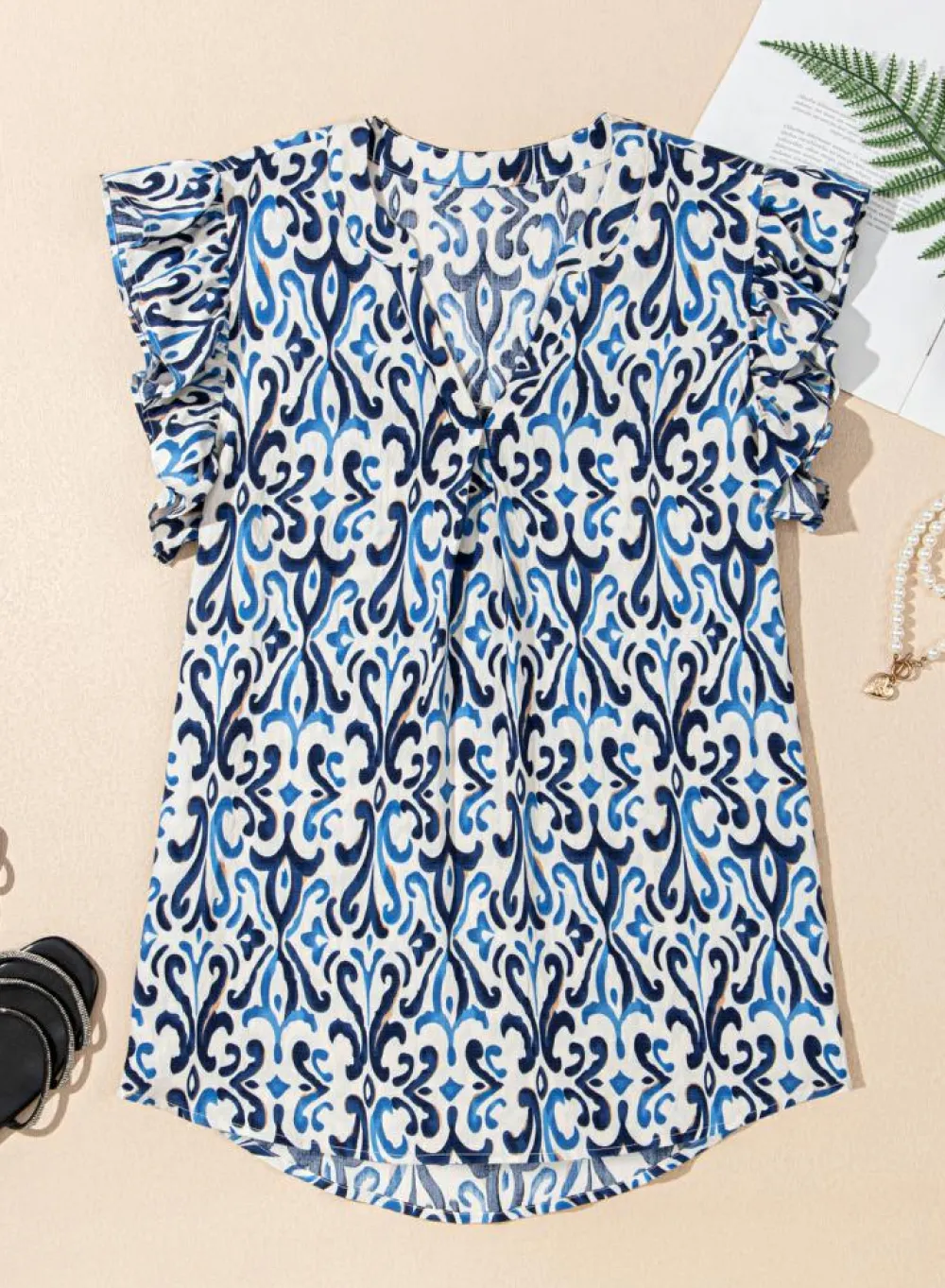 Hot Dear-Lover Boho Abstract Print Pintuck Detail Ruffled Top Sky Blue