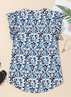 Hot Dear-Lover Boho Abstract Print Pintuck Detail Ruffled Top Sky Blue