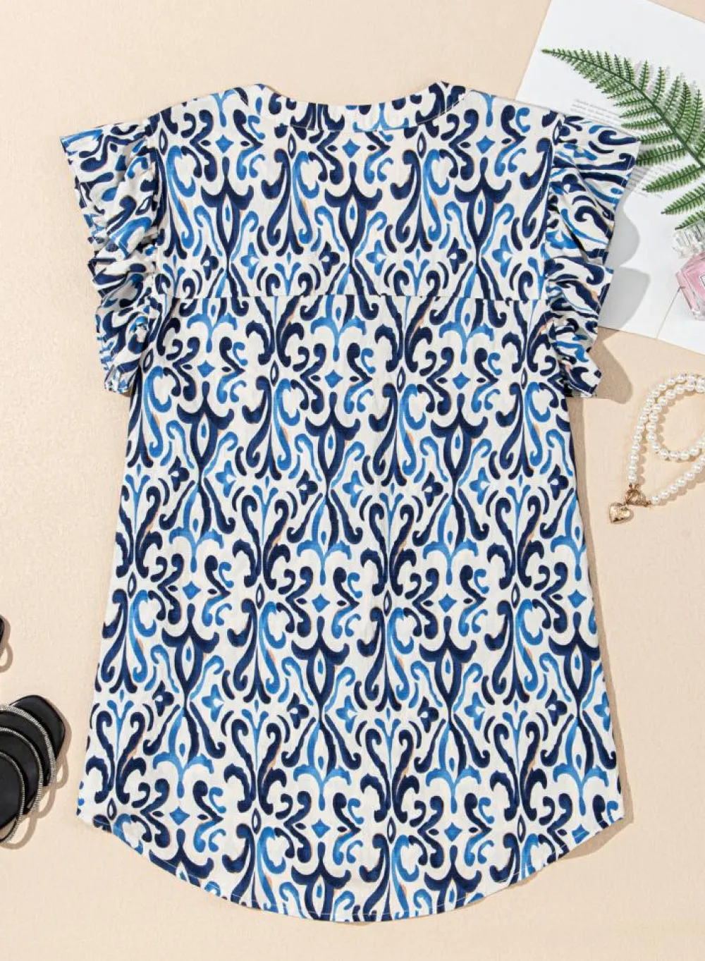 Hot Dear-Lover Boho Abstract Print Pintuck Detail Ruffled Top Sky Blue