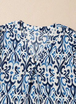 Hot Dear-Lover Boho Abstract Print Pintuck Detail Ruffled Top Sky Blue