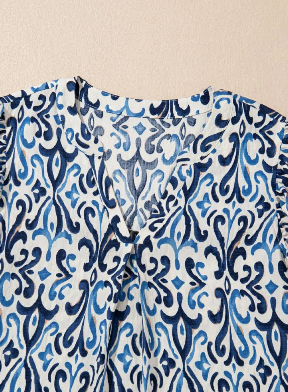 Hot Dear-Lover Boho Abstract Print Pintuck Detail Ruffled Top Sky Blue