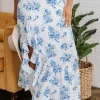 Fashion Dear-Lover Boho Floral High Waist Ruffle Split Maxi Skirt Sky Blue