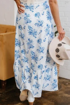 Fashion Dear-Lover Boho Floral High Waist Ruffle Split Maxi Skirt Sky Blue