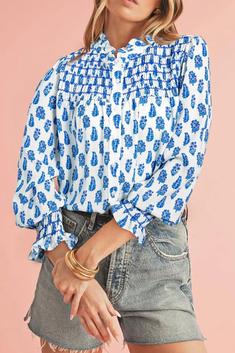 Discount Dear-Lover Boho Floral Printed Lantern Sleeve Frilled Neck Shirred Shirt Sky Blue