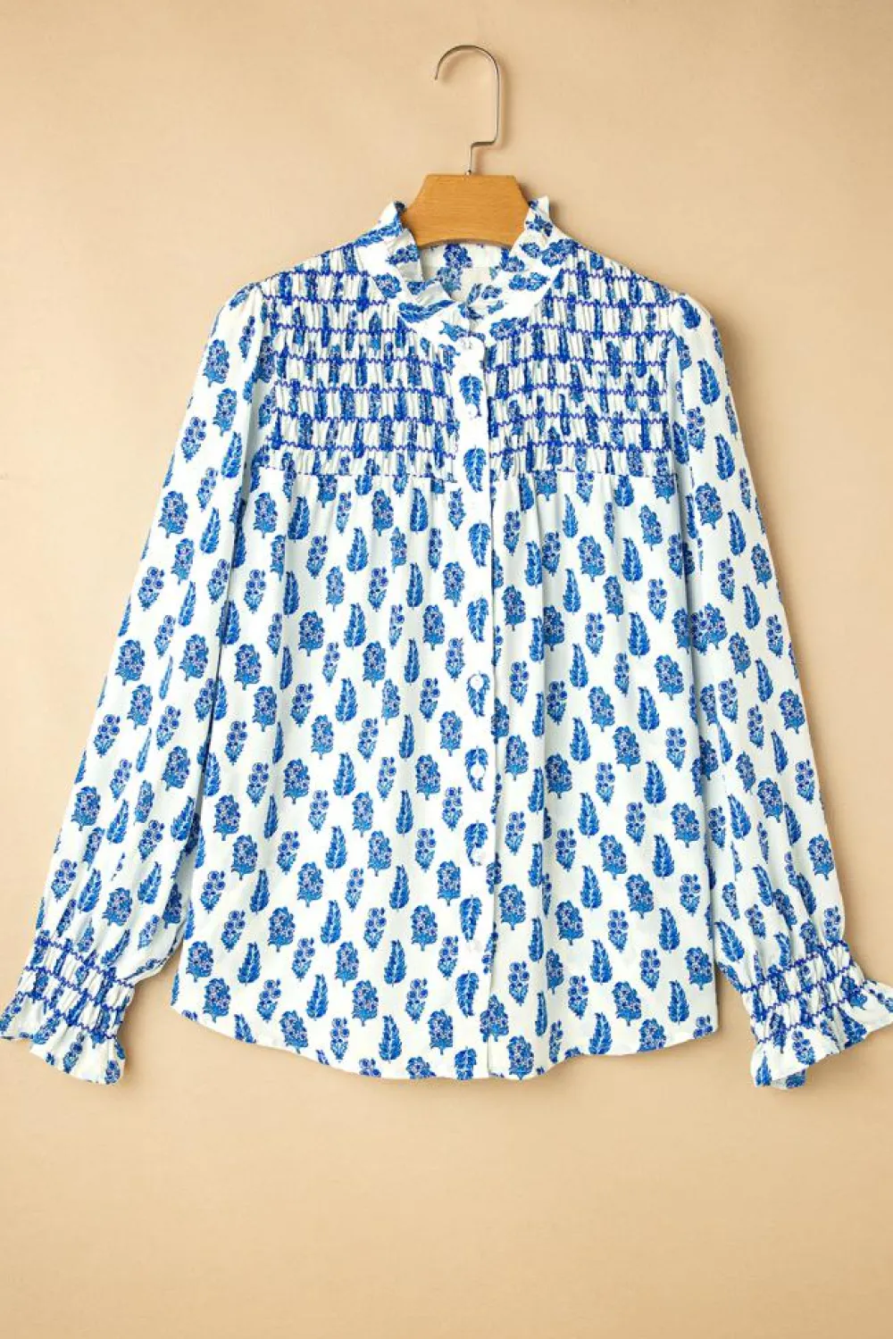 Discount Dear-Lover Boho Floral Printed Lantern Sleeve Frilled Neck Shirred Shirt Sky Blue
