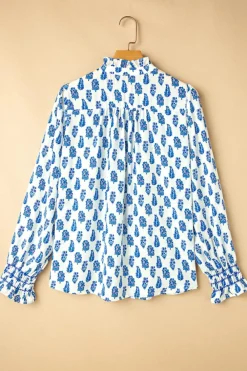 Discount Dear-Lover Boho Floral Printed Lantern Sleeve Frilled Neck Shirred Shirt Sky Blue