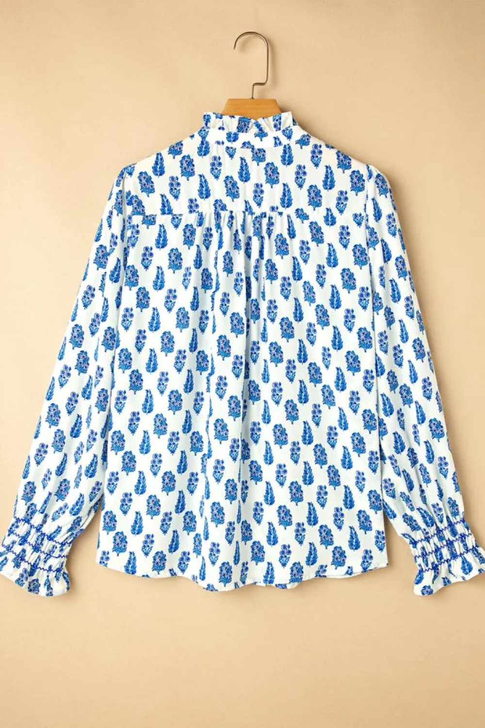 Discount Dear-Lover Boho Floral Printed Lantern Sleeve Frilled Neck Shirred Shirt Sky Blue