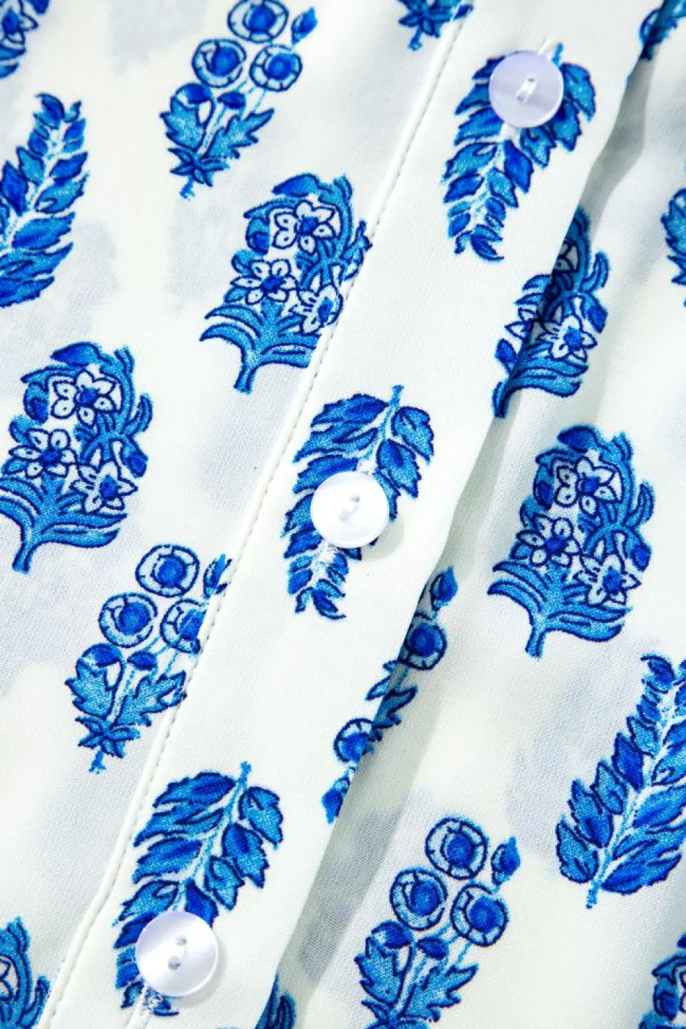 Discount Dear-Lover Boho Floral Printed Lantern Sleeve Frilled Neck Shirred Shirt Sky Blue