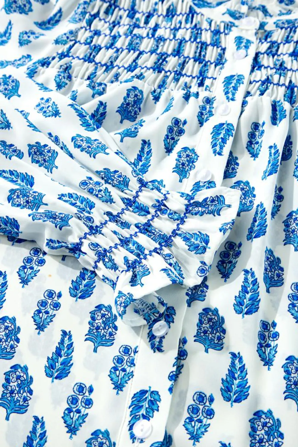 Discount Dear-Lover Boho Floral Printed Lantern Sleeve Frilled Neck Shirred Shirt Sky Blue