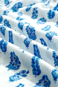 Discount Dear-Lover Boho Floral Printed Lantern Sleeve Frilled Neck Shirred Shirt Sky Blue