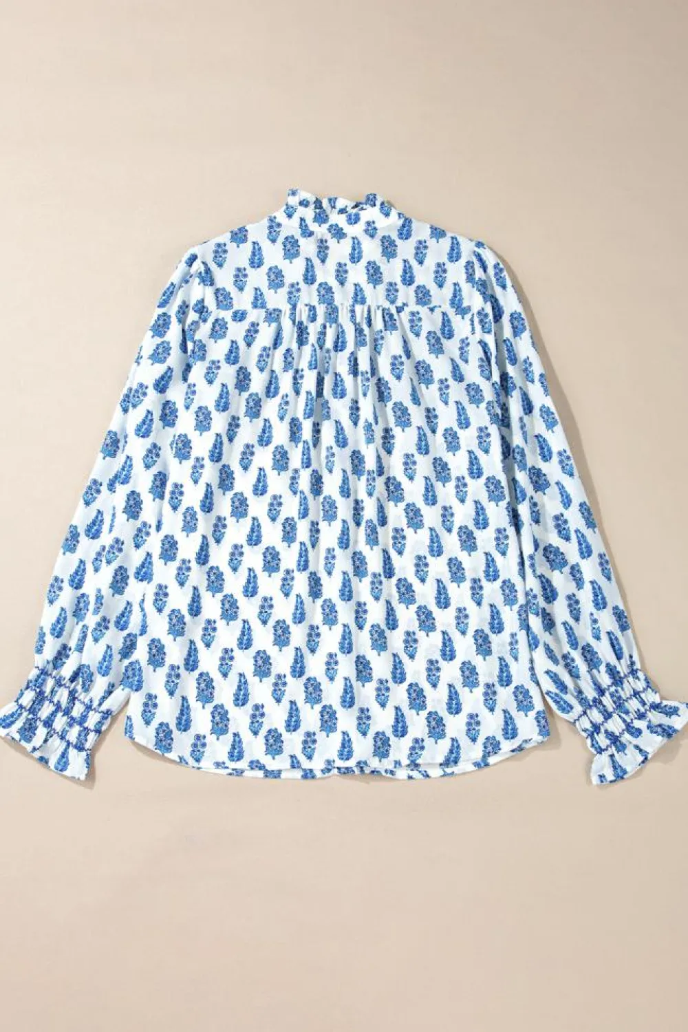 Discount Dear-Lover Boho Floral Printed Lantern Sleeve Frilled Neck Shirred Shirt Sky Blue