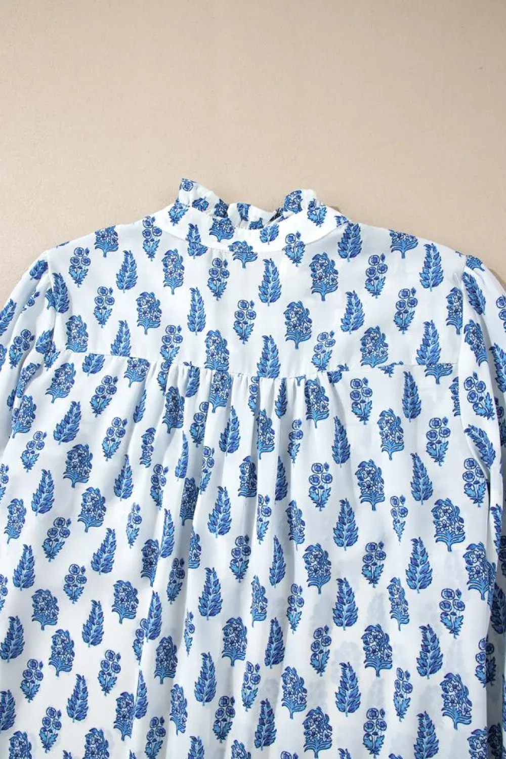 Discount Dear-Lover Boho Floral Printed Lantern Sleeve Frilled Neck Shirred Shirt Sky Blue