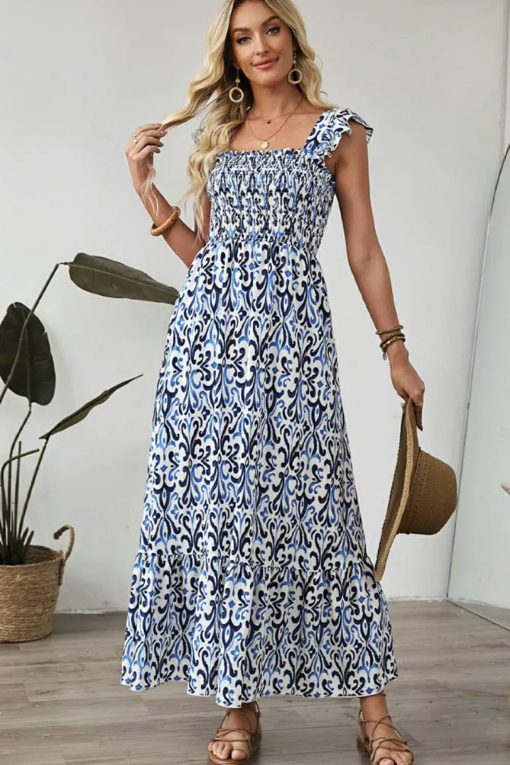 Best Dear-Lover Boho Print Smocked High Waist Maxi Dress Sky Blue