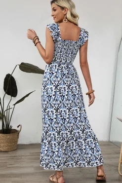 Best Dear-Lover Boho Print Smocked High Waist Maxi Dress Sky Blue