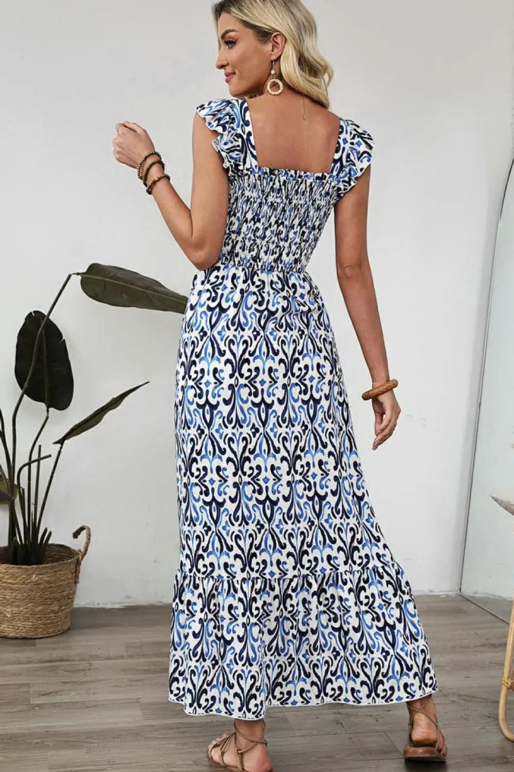 Best Dear-Lover Boho Print Smocked High Waist Maxi Dress Sky Blue