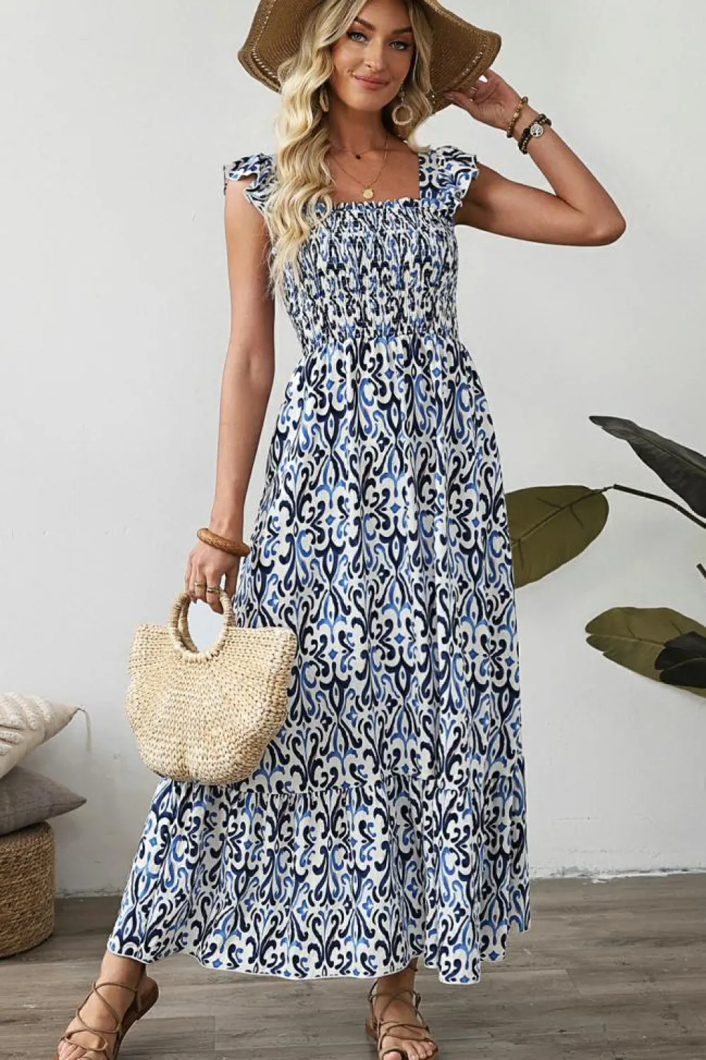 Best Dear-Lover Boho Print Smocked High Waist Maxi Dress Sky Blue
