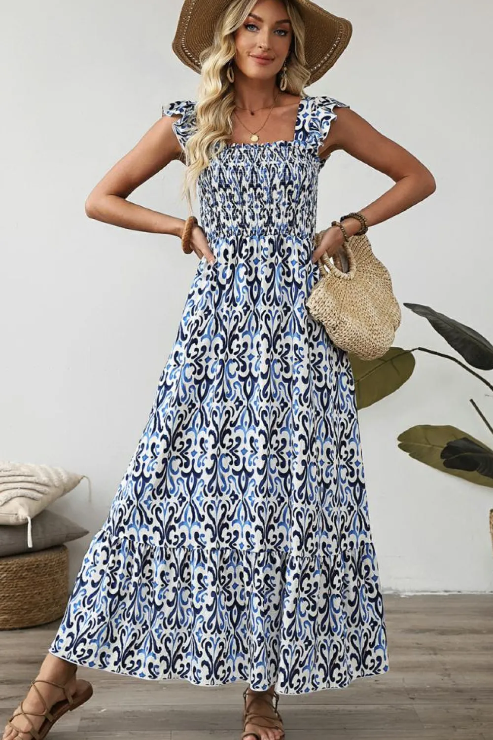 Best Dear-Lover Boho Print Smocked High Waist Maxi Dress Sky Blue