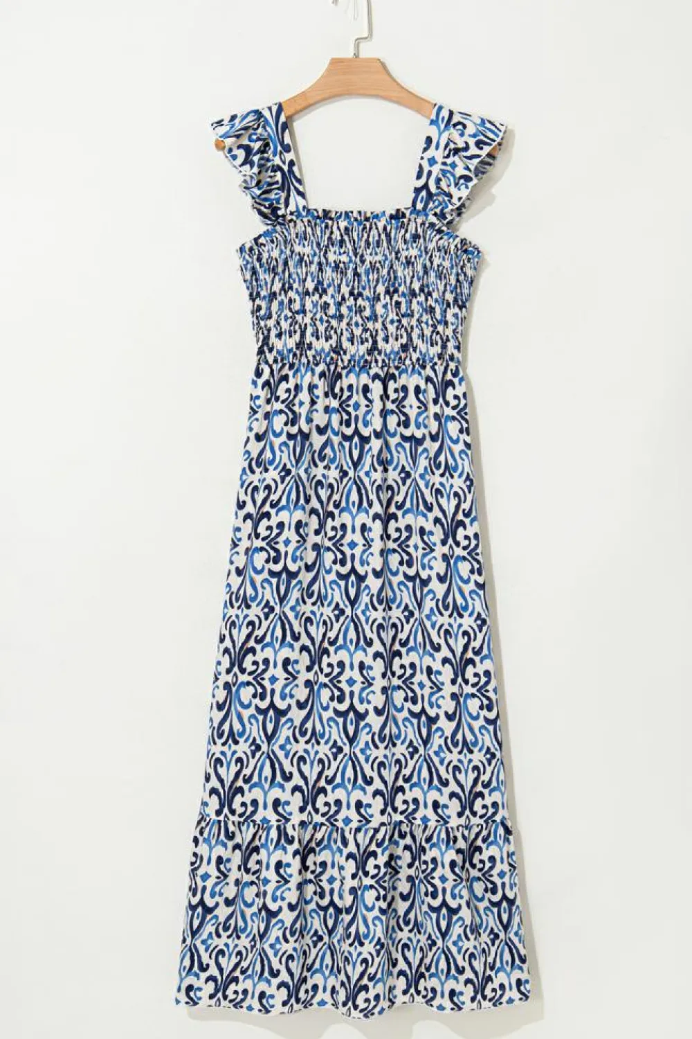 Best Dear-Lover Boho Print Smocked High Waist Maxi Dress Sky Blue