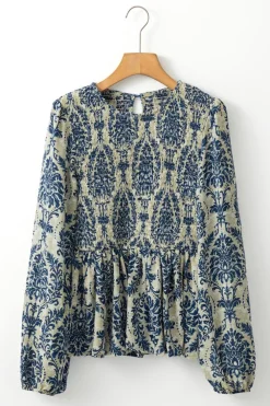 Fashion Dear-Lover Boho Printed Balloon Sleeve Smocked Peplum Blouse Sky Blue