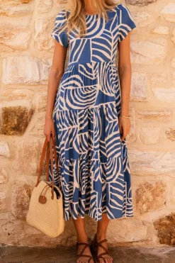 Discount Dear-Lover Boho Printed Short Sleeve Flare Tiered Dress Sky Blue