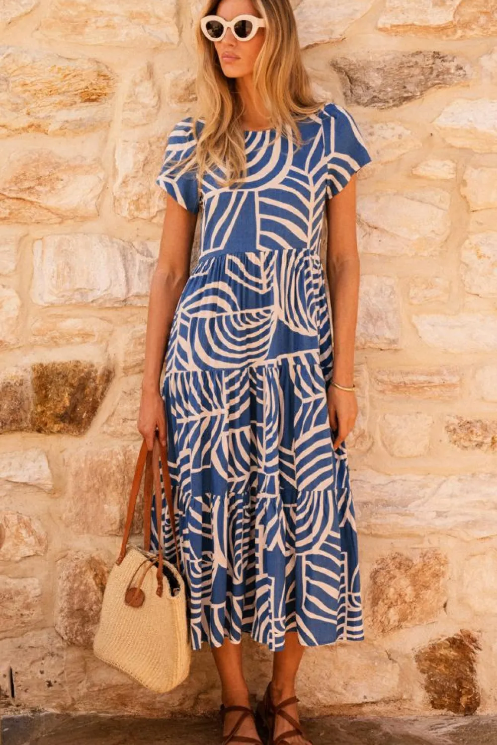 Discount Dear-Lover Boho Printed Short Sleeve Flare Tiered Dress Sky Blue