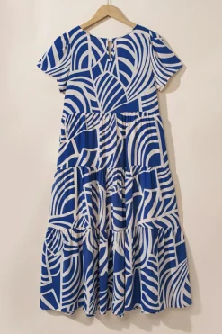 Discount Dear-Lover Boho Printed Short Sleeve Flare Tiered Dress Sky Blue