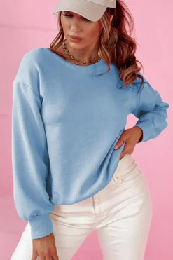 Best Dear-Lover Bowknot Dewback Round Neck Sweatshirt Sky Blue
