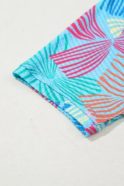 New Dear-Lover Bowknot Printed Waffle Crewneck Loose Short Sleeve Top Sky Blue