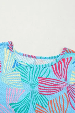 New Dear-Lover Bowknot Printed Waffle Crewneck Loose Short Sleeve Top Sky Blue