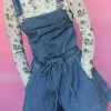 Online Dear-Lover Buckle Straps Bib Style Drawstring Tied Backless Flared Denim Romper Sky Blue