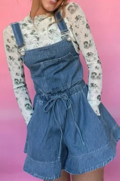 Online Dear-Lover Buckle Straps Bib Style Drawstring Tied Backless Flared Denim Romper Sky Blue