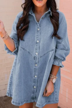 Clearance Dear-Lover Buttoned Long Sleeve Denim Mini Dress Sky Blue
