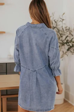 Clearance Dear-Lover Buttoned Long Sleeve Denim Mini Dress Sky Blue