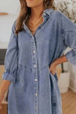 Clearance Dear-Lover Buttoned Long Sleeve Denim Mini Dress Sky Blue