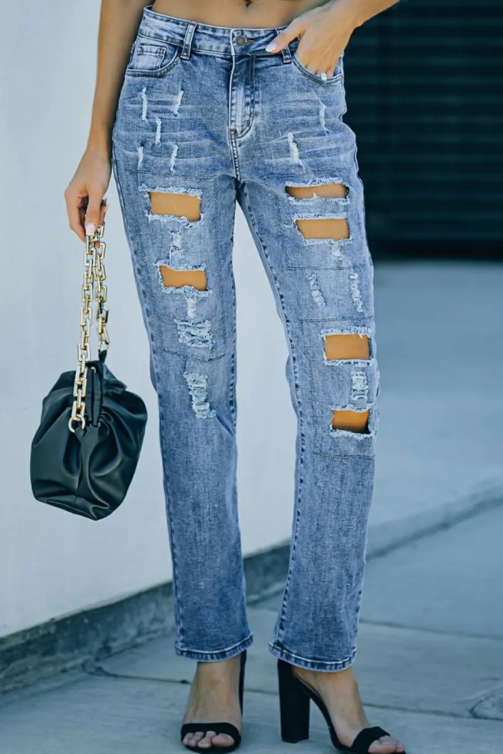 New Dear-Lover Sky Blue Buttoned Pockets Distressed Jeans Light Blue