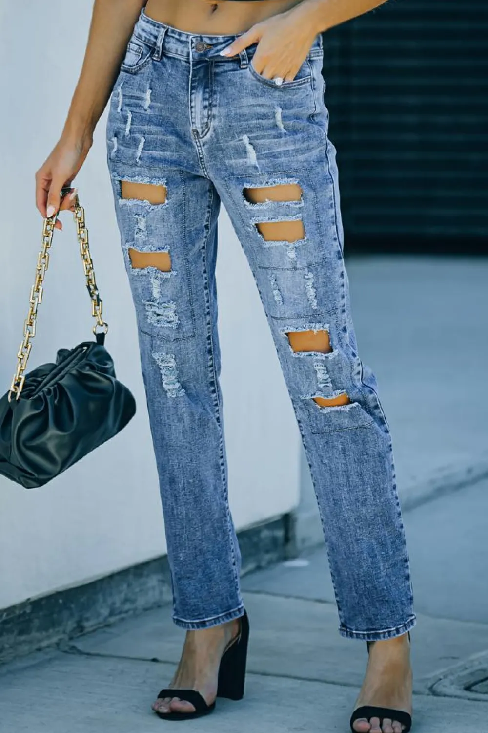 New Dear-Lover Sky Blue Buttoned Pockets Distressed Jeans Light Blue